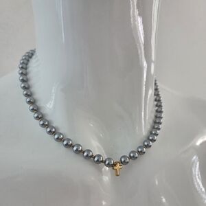 Elegant Grey Pearl Beaded Choker Necklace with Gold Cross Pendant